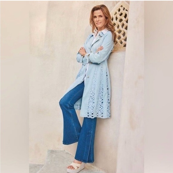 Soft Surroundings Chambray Denim Lior Trench Coat Blue sz small - Picture 1 of 8